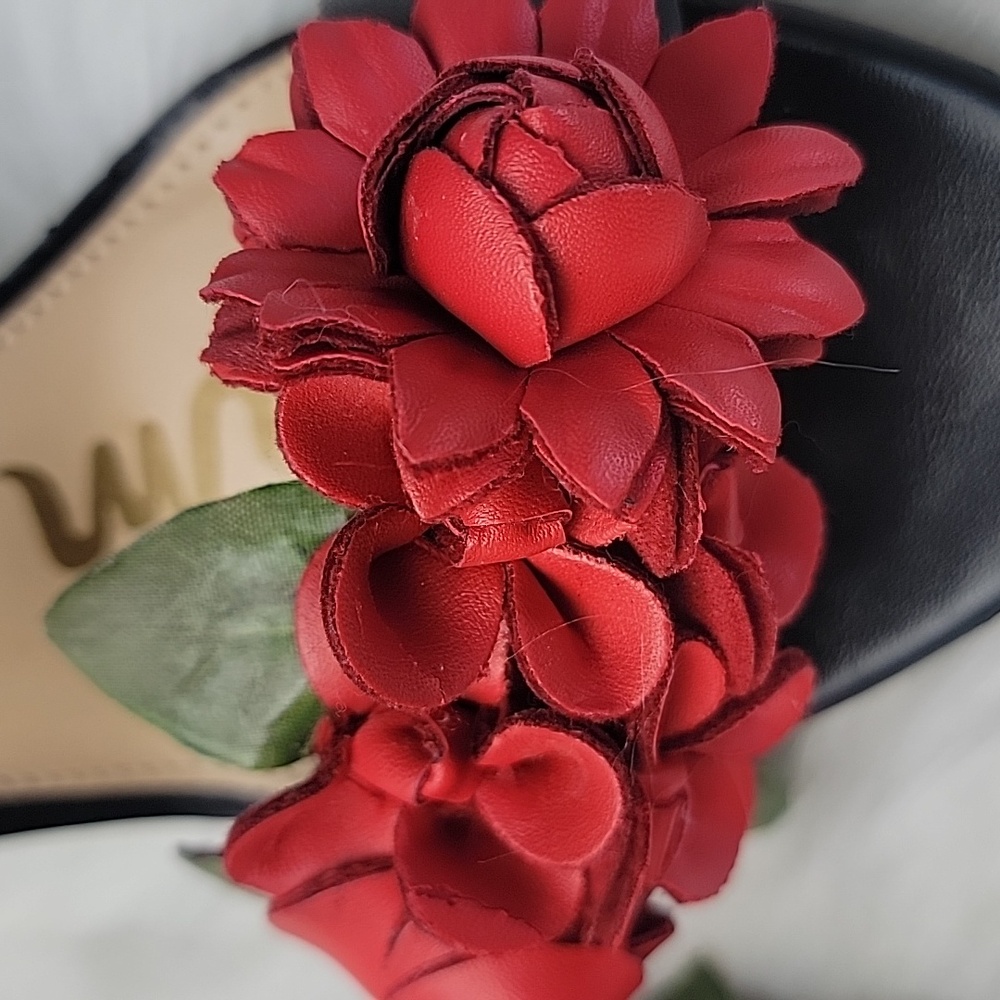 SAM EDELMAN Yaro Black Leather Red Rosette Open Toe Party Block Heel Sandals 7.5 - Picture 10 of 16